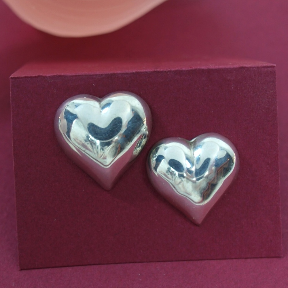 Heart earrings, silver pillow hearts post stud earrings.